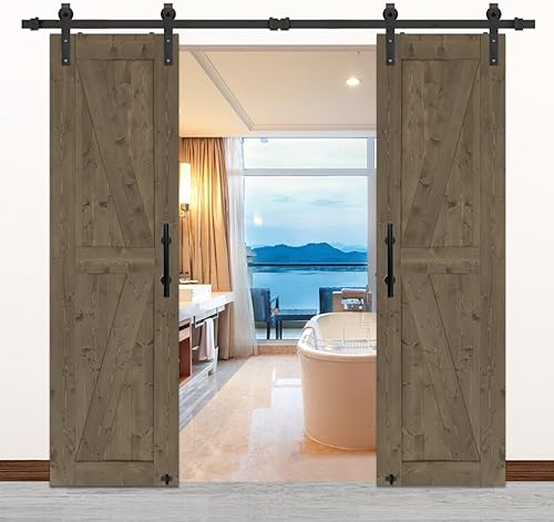Miniatura 16 de S&Z TOPHAND 18" x 84", Puerta doble estilo granero British Brace de madera nudosa, sin terminar, con kit de herrajes para puerta corredera de 6