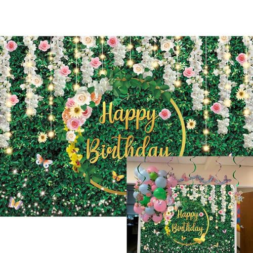 XCKALI Foglie Verdi Compleanno Sfondo Verde e Fiori Buon Compleanno Ragazze Fotografia Sfondo Floreale Parete Foglie Verdi Foglie Verdi Decorazione Festa