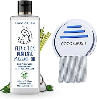 100% Natural Flea & Tick Defense Massage Oil with Steel Comb | for All Types of Dogs & Cats | Anti Itch Oil with Coconut, Neem & Lemongrass | 100% Pure, Organic, Paraben Free (200ML + Comb)