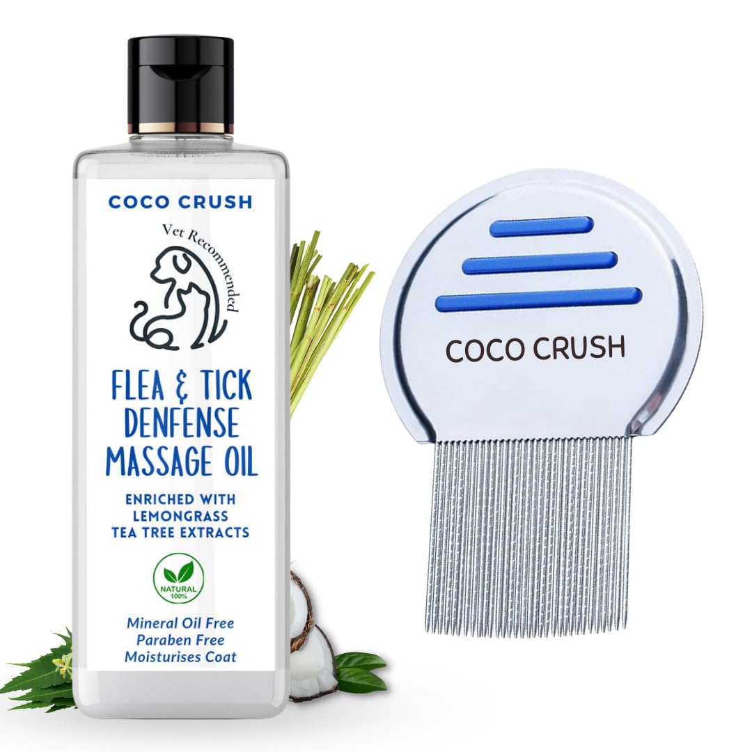 100% Natural Flea & Tick Defense Massage Oil with Steel Comb | for All Types of Dogs & Cats | Anti Itch Oil with Coconut, Neem & Lemongrass | 100% Pure, Organic, Paraben Free (200ML + Comb)