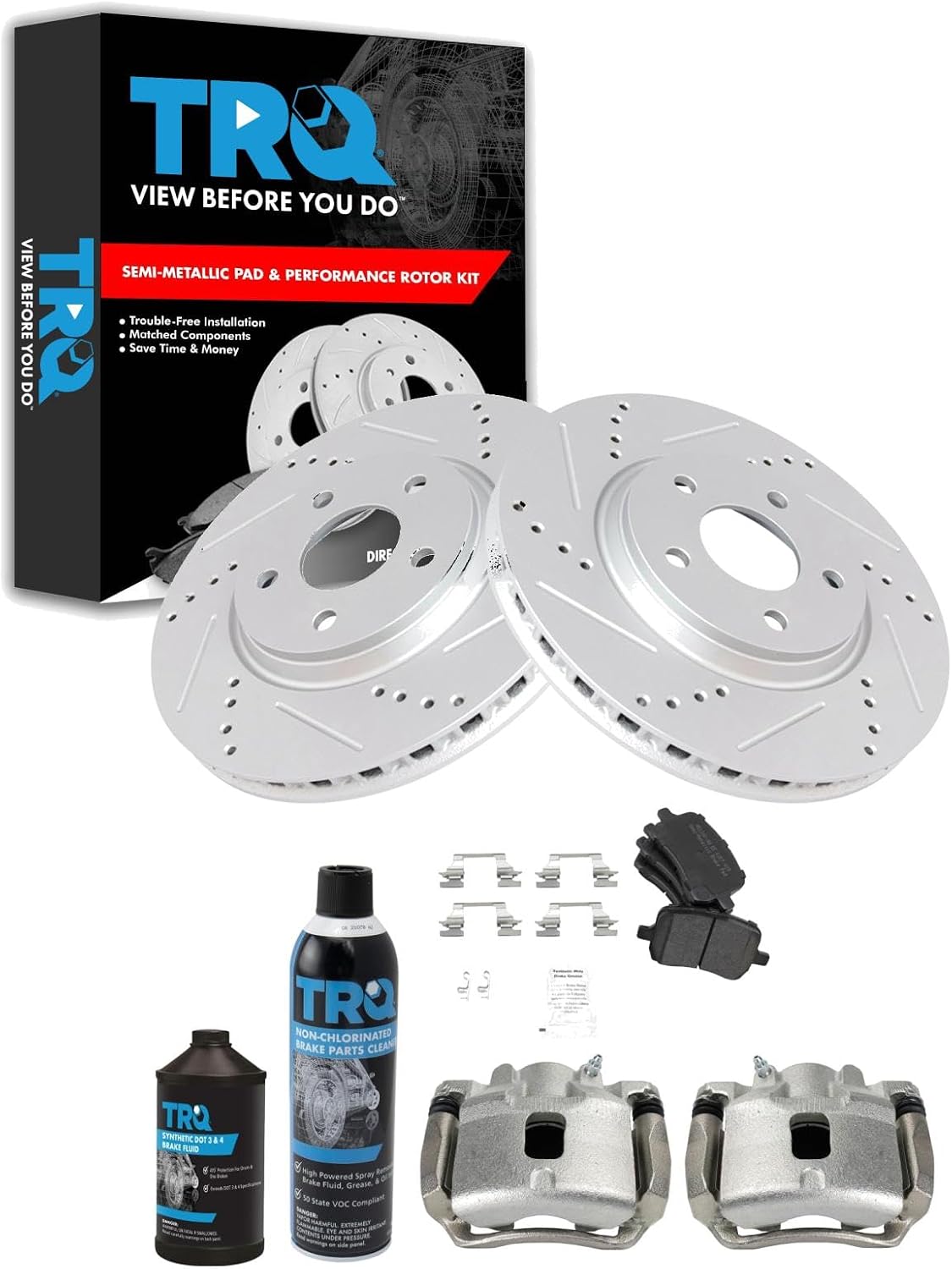 TRQ Front Performance Brake Pad, Caliper, & Rotor Kit, with Chemical Kit Semi-Metallic Premium G-Coated Compatible with 2007-2008 Pontiac G5