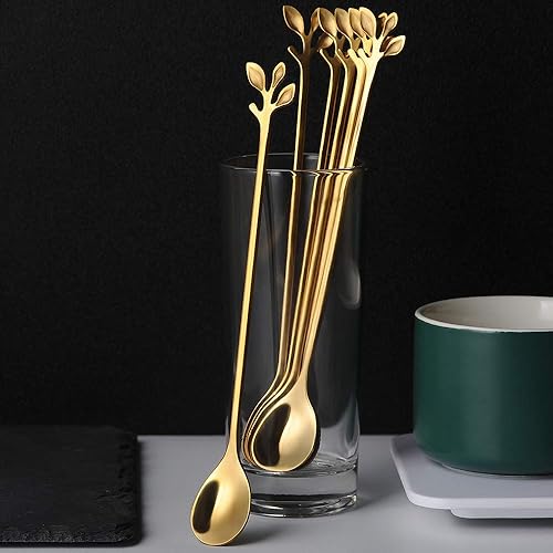 Miniatura 3 de AnSaw Gold Leaf Handle - Cucharas largas de acero inoxidable de 7.4 pulgadas para café y té, cucharas para remover café, juego de 20