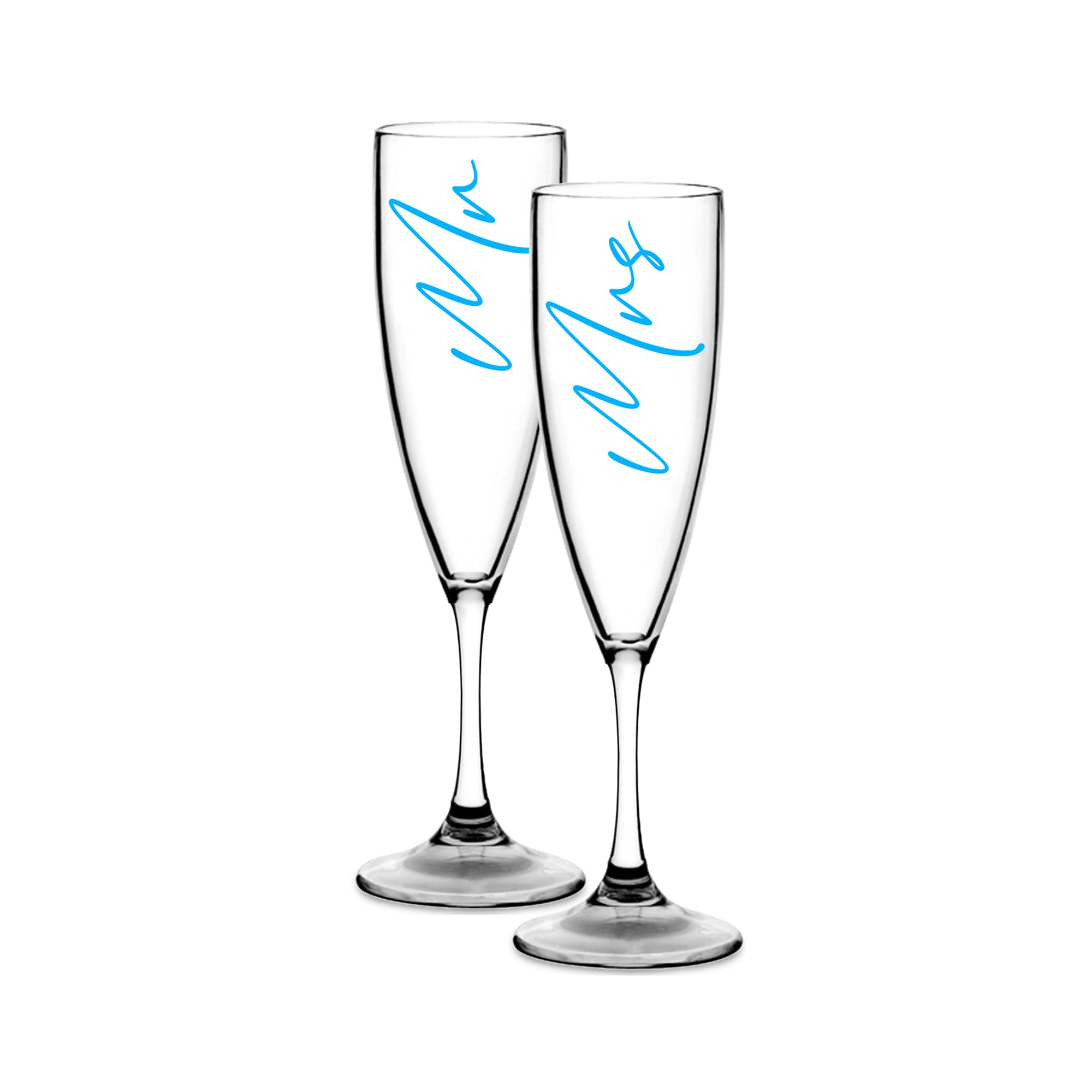 Print Maniacs Champagne Premium Clear Flute Glass Bride Groom Mr Mrs Wedding Maid Honour Wine Cocktail Prosecco Celebrations Gift (Baby Blue, Mr + Mrs Set)