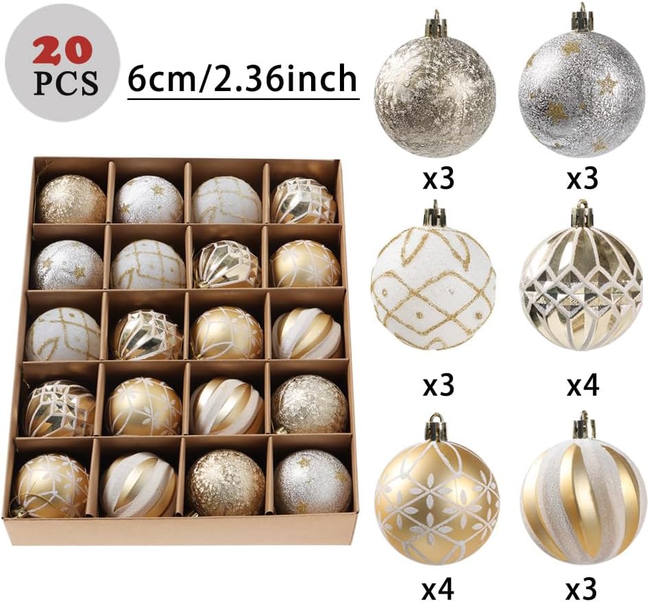 Christmas Ball Ornaments Set, 20ct 60mm Elegant White and Gold Assorted Christmas Tree Decorations, Shatterproof Christmas Tree Hanging Ornaments for Xmas Decoration - Image 2