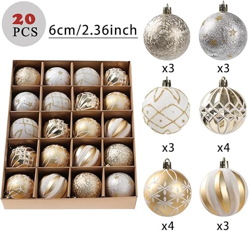 Miniatura 2 de Juego de adornos de bola de Navidad, 20 unidades de 2.362 in, elegantes adornos blancos y rojos surtidos para árbol de Navidad, adornos colgantes