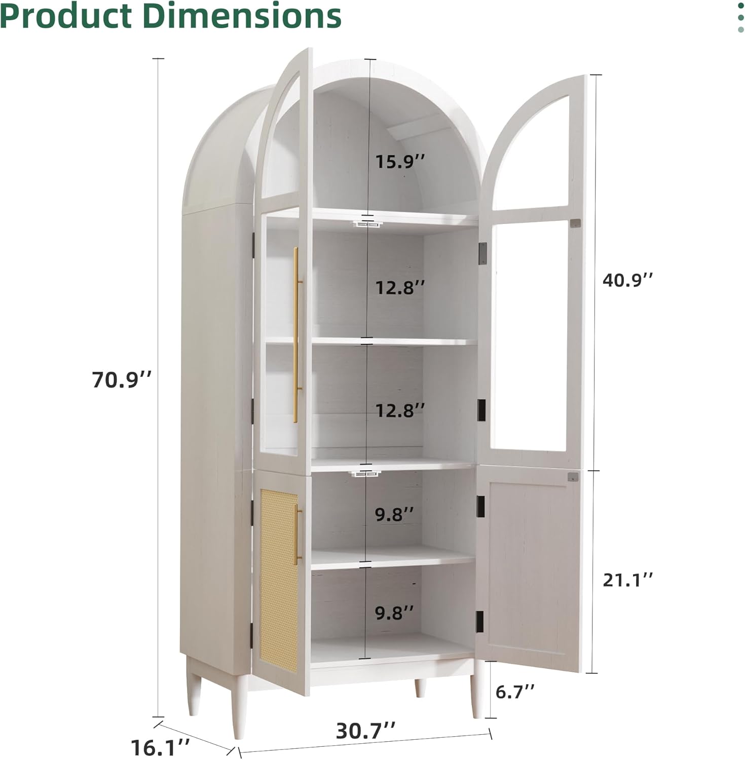 71" arched storage cabinet tall modern farmhouse stylish kitchen pantry cabinet with glass doors, solid wood legs, and storage shelves for living room, dining room or office, white