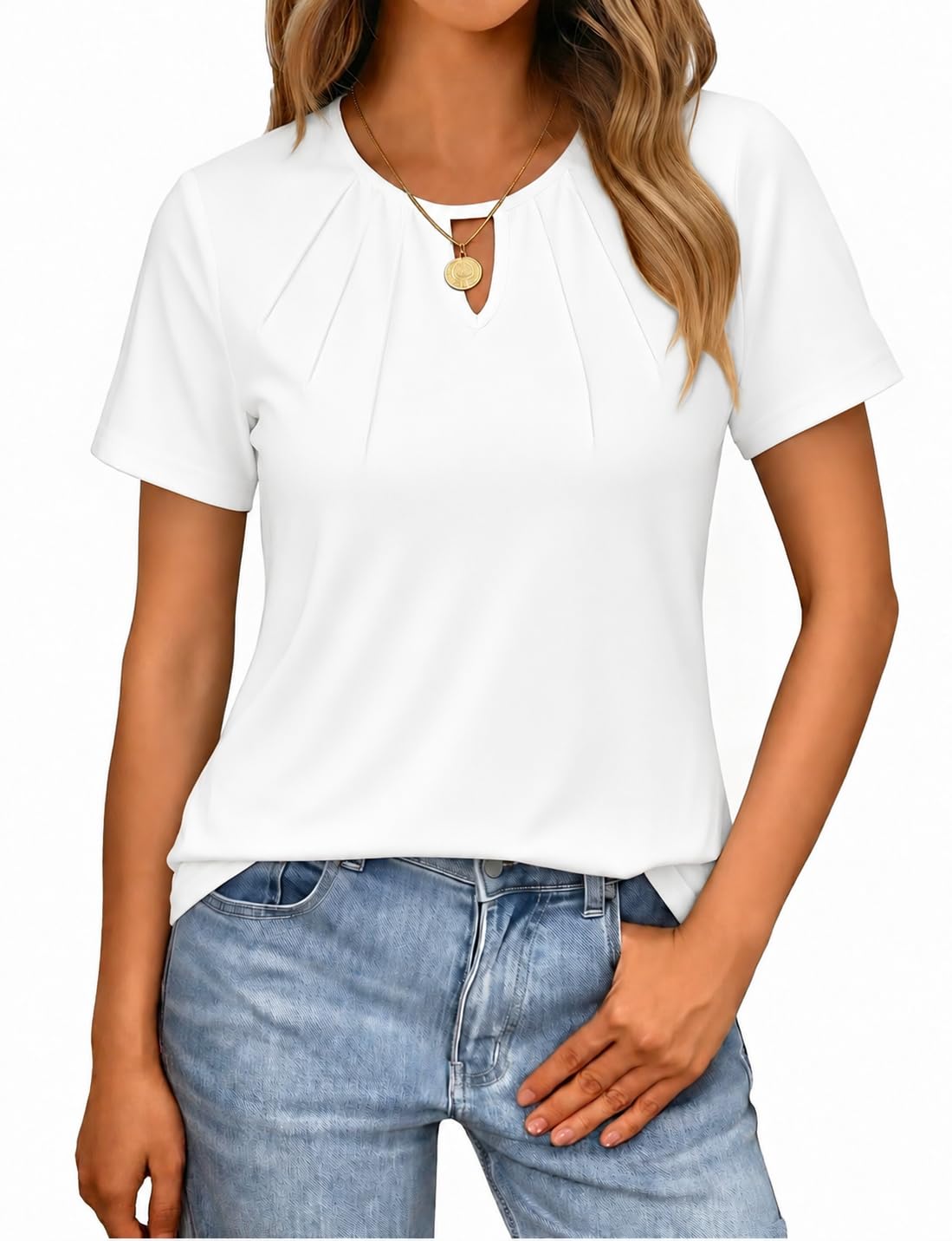 Litherday Camiseta de Mujer de Manga Corta Verano Top con Cuello Redondo y Detalle de Abertura Blusa Casual Elegante para Diario y Oficina