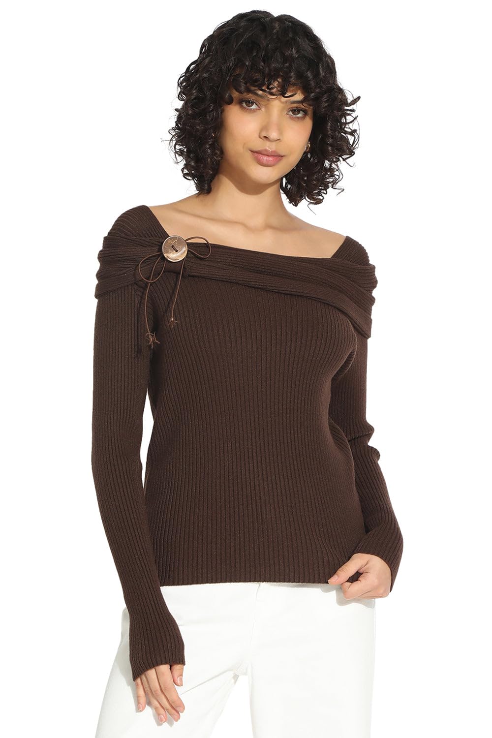 Women's Ribbed Brown Fitted Top-CHN-936_Brown