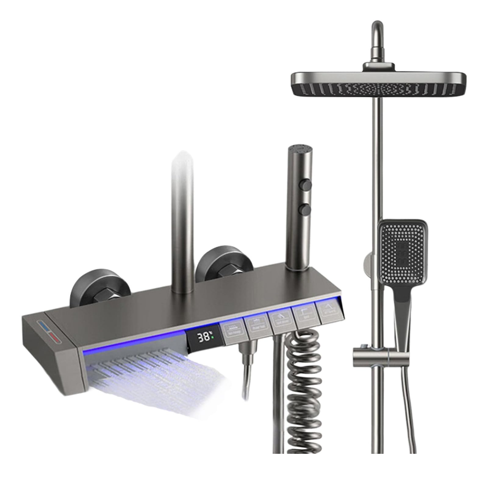 Système de douche thermostatique gris à 5 fonctions avec mitigeur 40° et pomme de douche
