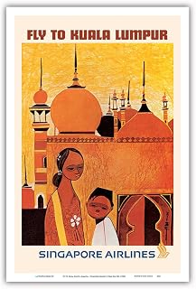 Fly to Kuala Lumpur Malaysia - Singapore Airlines - Vintage Airline Travel Poster by Seah Kim Joo c.1960s - Master Art Print (Unframed) 12in x 18in