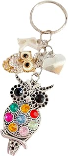 Handmade Large Personalised Rhinestone Colourful Owl Keyring Keychain with Initial Heart & Gold Owl Charms