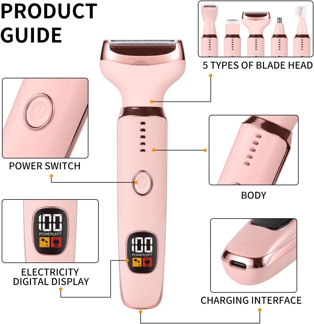 Electric Razors for Women, 5 in 1 Painless Ladies Wet & Dry Body Razors and Facial Hair Remover, Rechargeable Facial and Body Hair Remover for Face Nose Eyebrow Arms Armpit Legs Pubic Area (Pink) - Image 2