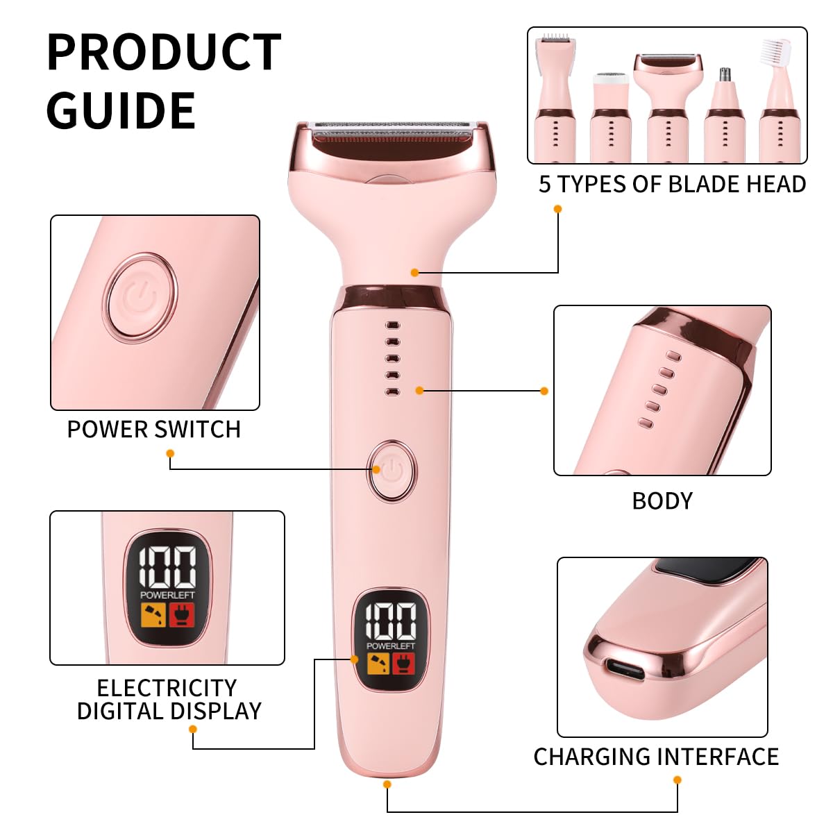 Maquinillas de afeitar eléctricas 5 en 1 para mujer, sin dolor, para cuerpo húmedo y seco, removedor de vello facial y corporal recargable para cara, nariz, cejas, brazos, axilas, piernas, zona púbica