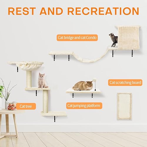 Miniatura 4 de Muebles de pared para gatos, juego de trepador de gato montado en la pared con estantes de pared para gatos, perchas, casa de condominio, escalera,