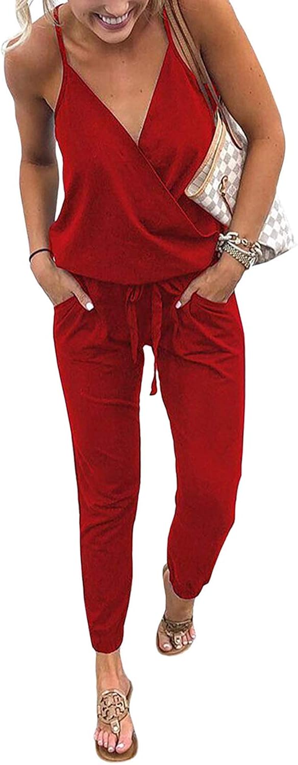 QEESMEI Women's Jumpsuit Rompers V Neck Spaghetti Strap Drawstring Waisted Long Pants Jumpsuits Black
