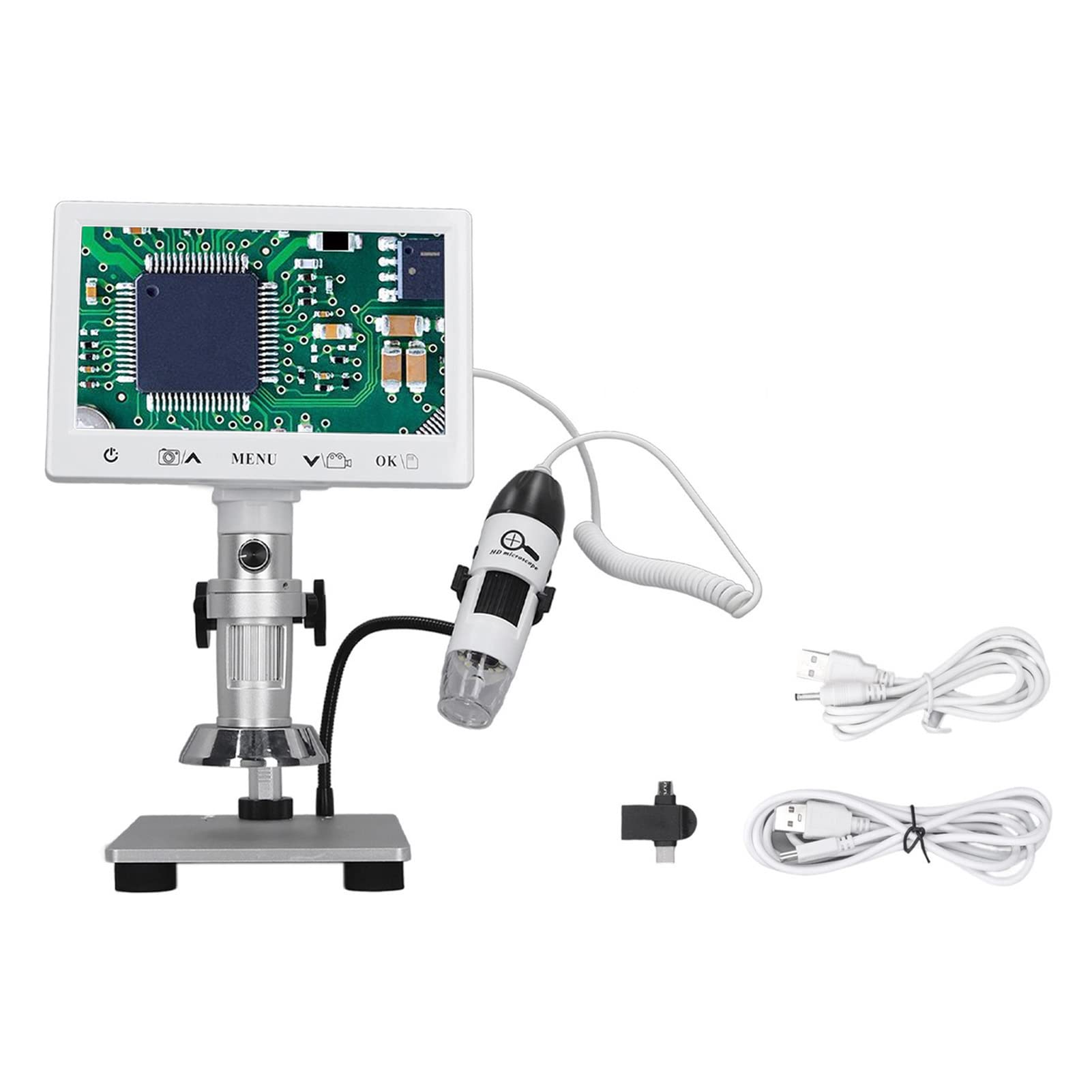 Hyuduo Microscopio Digital, Microscopio Industrial de Acero Inoxidable ABS, Pantalla IPS de 2 MP y 7 Pulgadas, Zoom de 5X a 53X, Medición de Foto y Video para Soldar Reparación de Joyas con Monedas