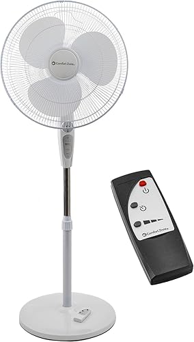 Comfort Zone Ventilador de pedestal oscilante con control remoto, ventilador de soporte, 18 pulgadas, 3 velocidades, altura e inclinación