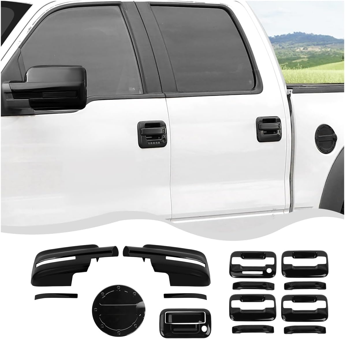 Black Reverse Mirror housing/Door/Tailgate Handle housing/Fuel Tank Cap Compatible with Ford F150 Raptor Expedition 2009-2014 ABS 15ps
