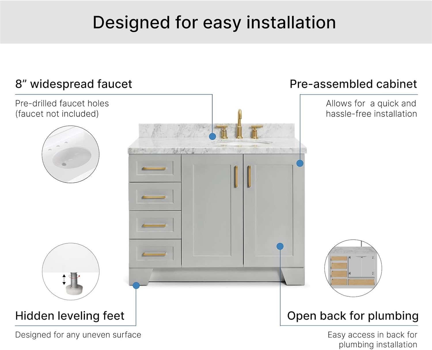 ARIEL Taylor 42-inch Bathroom Vanity with Sink,Solid Wood, 1.5-inch Italian Carrara Marble Countertop & Backsplash, Single Oval Porcelain Sink, 2 Soft Closing Doors, 5 Dovetail Drawers, Grey