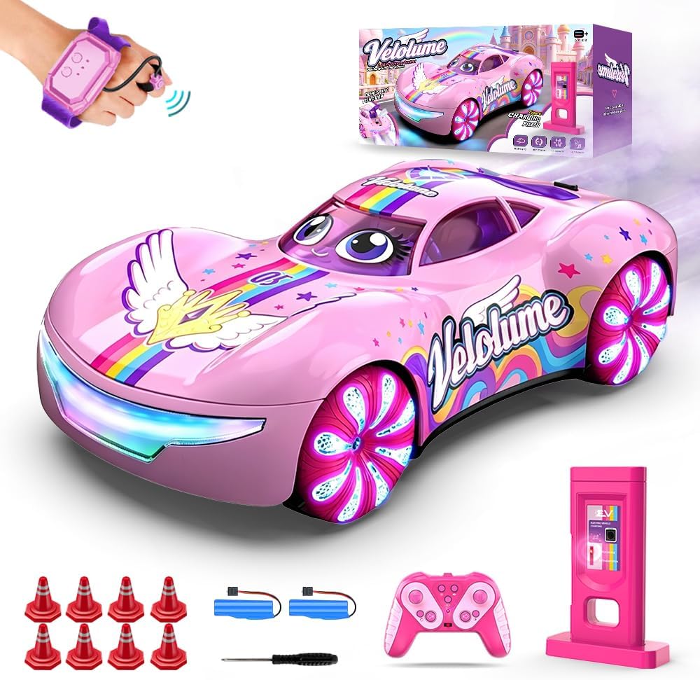 Pink Remote Control Car – 360° Rotation, Left/Right Side Crawl, Dual Mist Spray, LED Light Show, Auto Play Mode Remote Control Vehicle, RC Cars for Girls Toys for Ages 8-13 Kids, Boys Birthday Gift