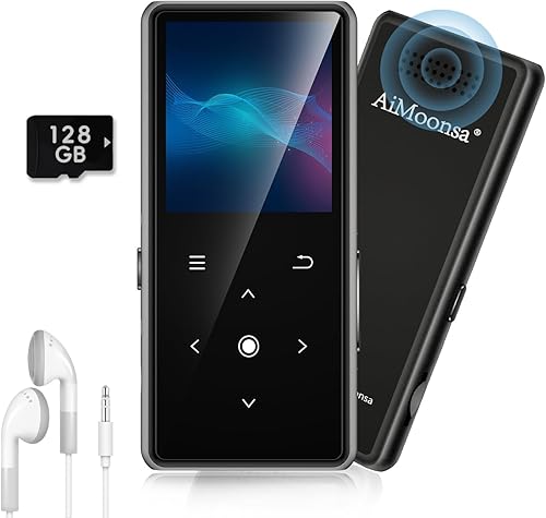 Reproductor MP3 de 128 GB con Bluetooth 5.2, reproductor de música AiMoonsa con altavoz HD integrado, radio FM, grabadora de voz, sonido de alta