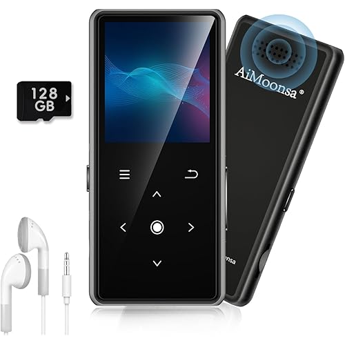 128GB MP3 Player with Bluetooth 5.2, AiMoonsa Music Player with Built-in HD Speaker, FM Radio, Voice Recorder, HiFi Sound, E-Book, Earphones Included