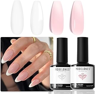 modelones French Manicure Tip Gel Polish Set, 2Pcs 15ML White Nude Pink Gel Nail Polish Jelly Milky Pink White Colors Soak Off U V LED Classic French Nail Kit for DIY at Home Salon for Women