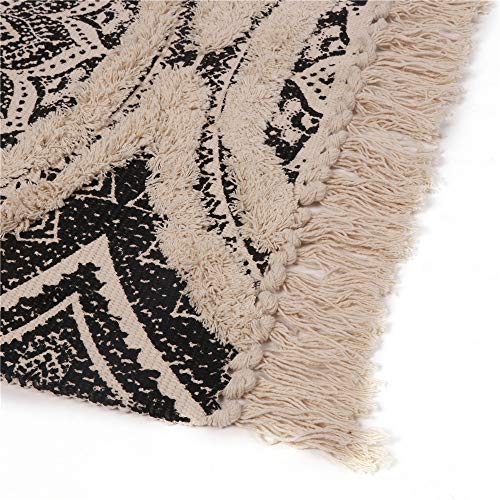 Seavish Tufted Cotton Rug, 2.3X5.2 Black Mandala Boho Rug For Bedroom, Hand Woven Bohemian Runner Throw Rugs, Shag Accent Fringe Tassel Rug For Bedside Kitchen Laundry Room Rug #TOP4