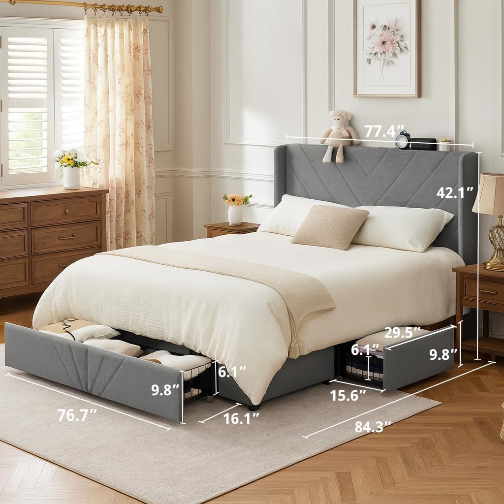 COMHOMA King Size Metal Bed Frame with Upholstered Headboard,Storage Drawers,USB & Type-C Charging Ports,No Box Spring Needed,Grey