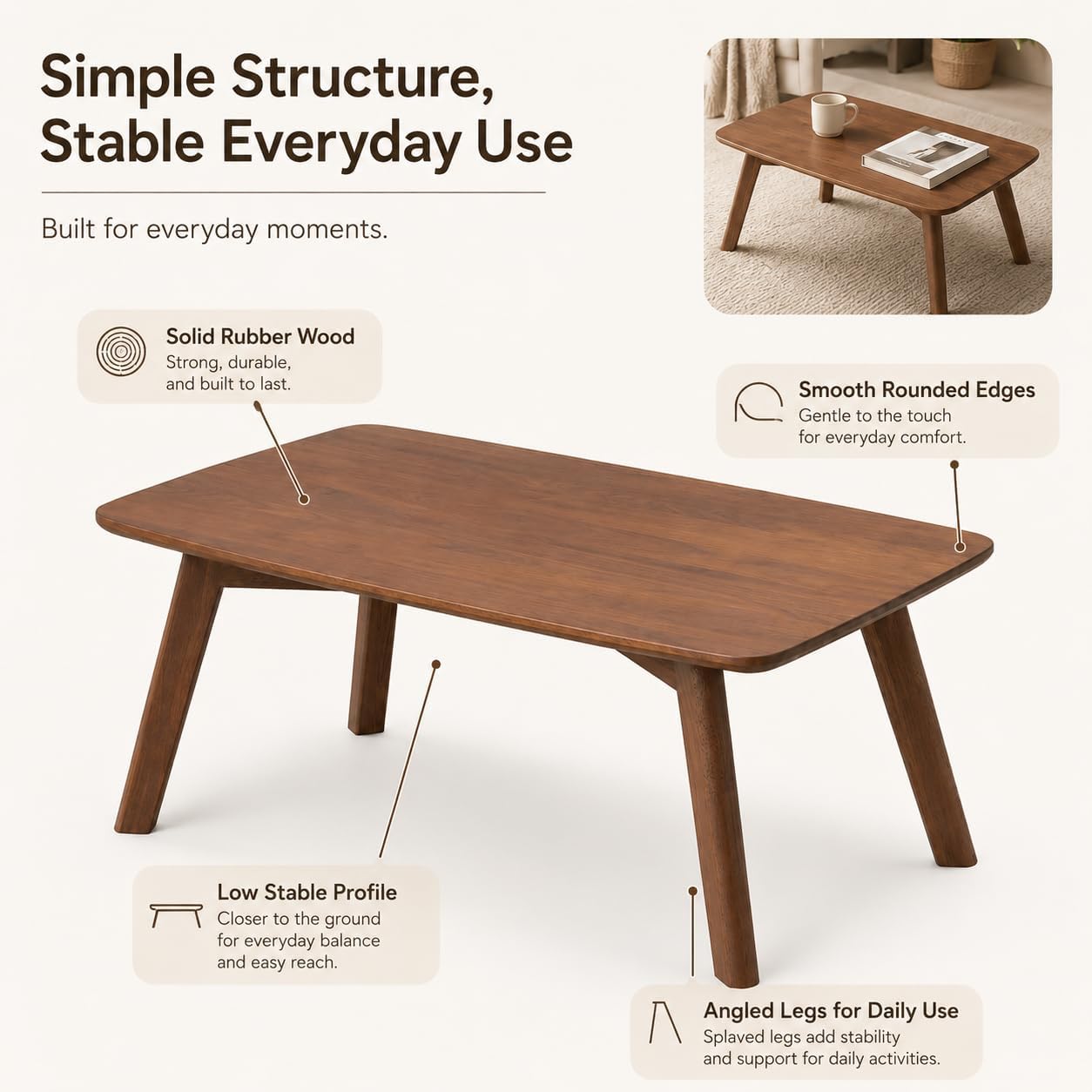 Floor Table, 11.8" H Solid Rubber Wood Low Coffee Table, Walnut | For floor seating in small spaces, its rectangular design works well on rugs, beside floor cushions, and in reading nooks.