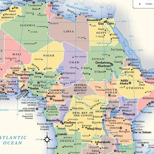 Africa Political & Physical Continent Map With Country Flags - 17" X 15.5" Laminated #TOP1
