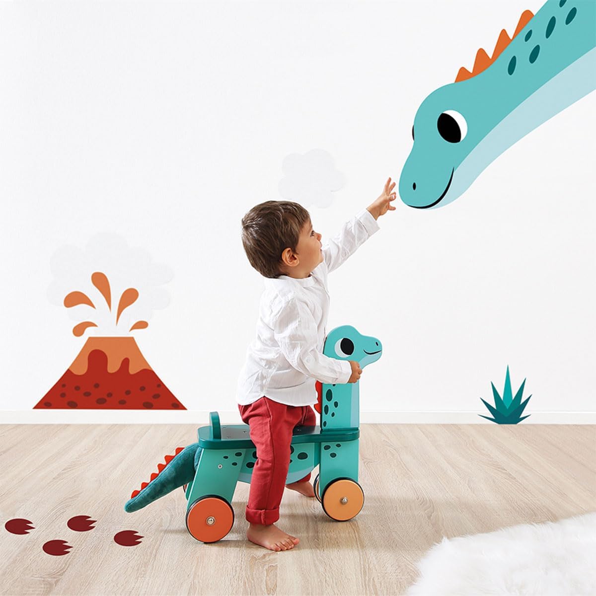 Janod Dino - Ride-On Wooden Dinosaur ‘Portosaurus’ - 18.5” Tall Adorable Scooting Toy with Steerable Front Wheels - Includes Plush Tail - Ages 12 Months- 4 Years - J05828