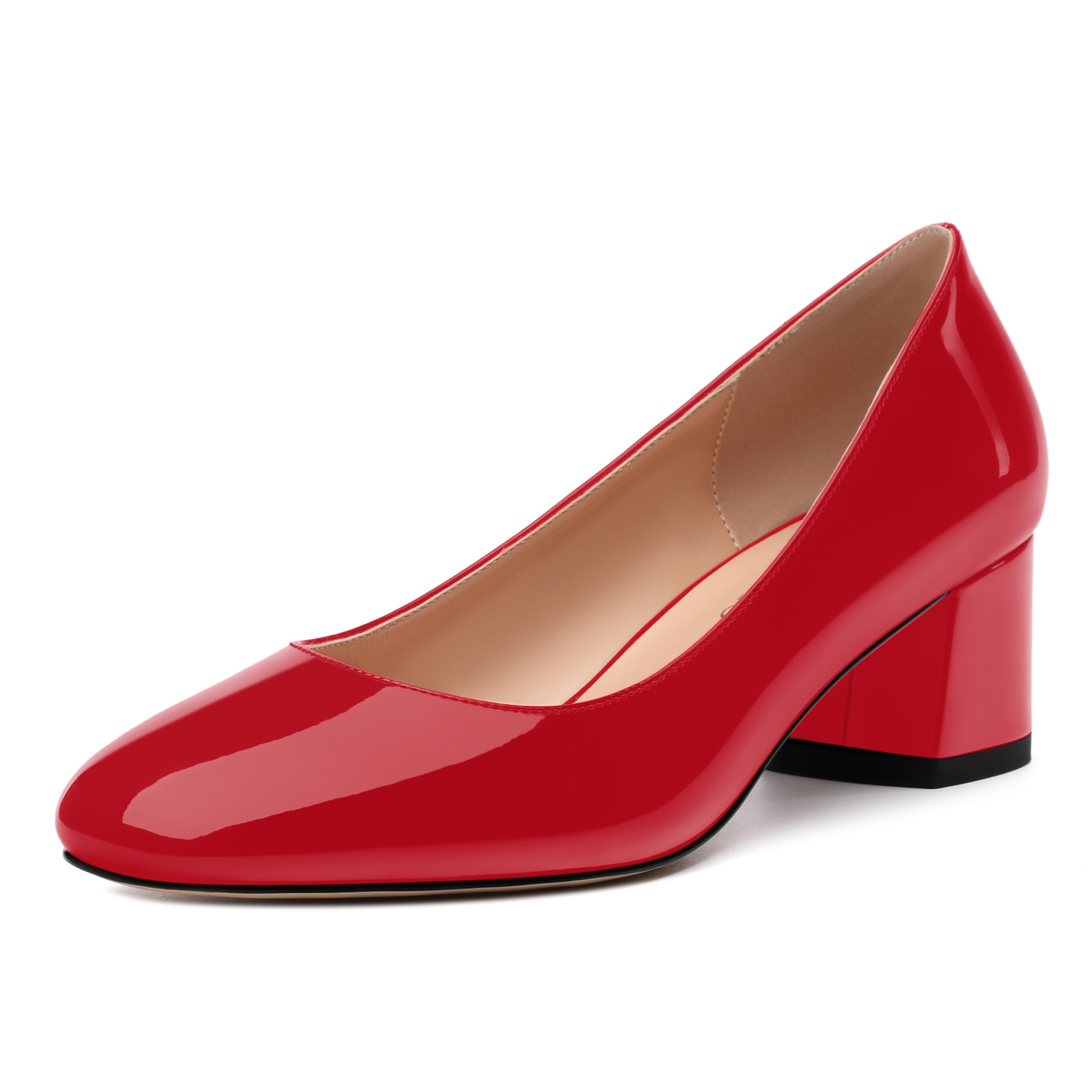 RLYGHWAO Women's Pumps Round Toe Slip On Low Chunky Heel Fashion Comfort Solid Patent Shoes for Women