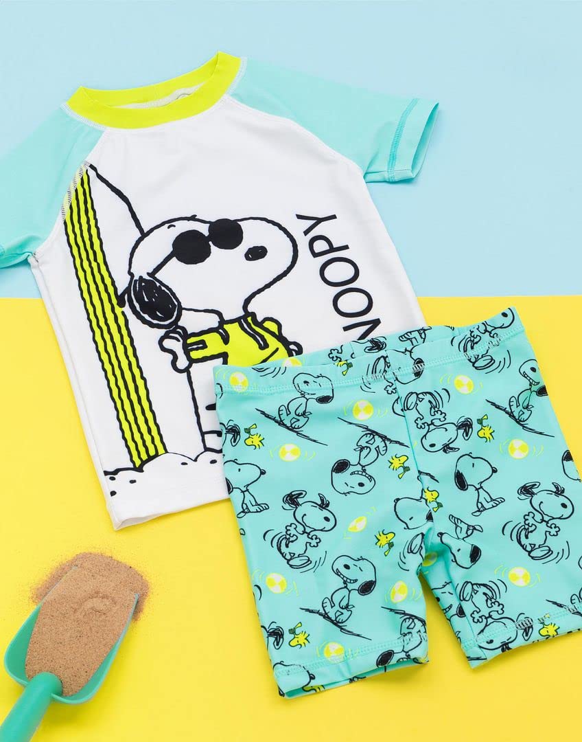 PEANUTS Snoopy Costume da Bagno per Ragazzi | Bambini 2 Pezzi T-Shirt Pantaloncini Animati Beagle Woodstock Cane Blu Tutto in Un Costume da Bagno Merchandise