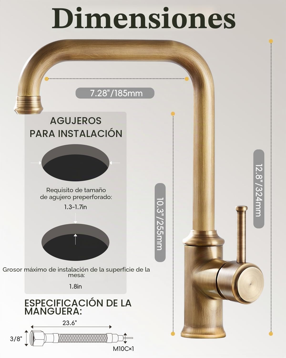 Grifo de cocina, grifo de cocina, con pico alto giratorio de 360 °, latón antiguo