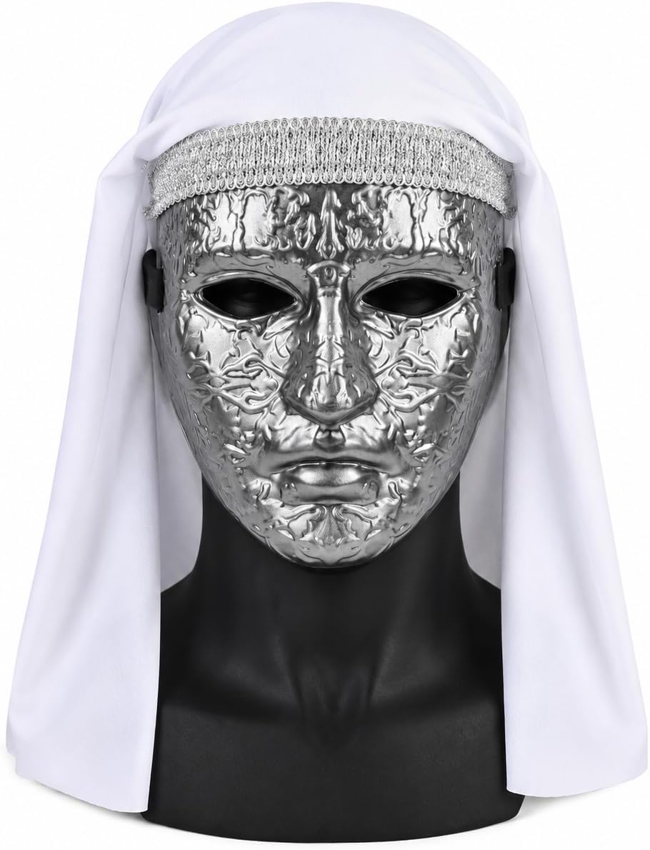 Medieval Silver Masquerade Mask for Men with Headscarf, Full Face Halloween Costume Mask for Cosplay Party