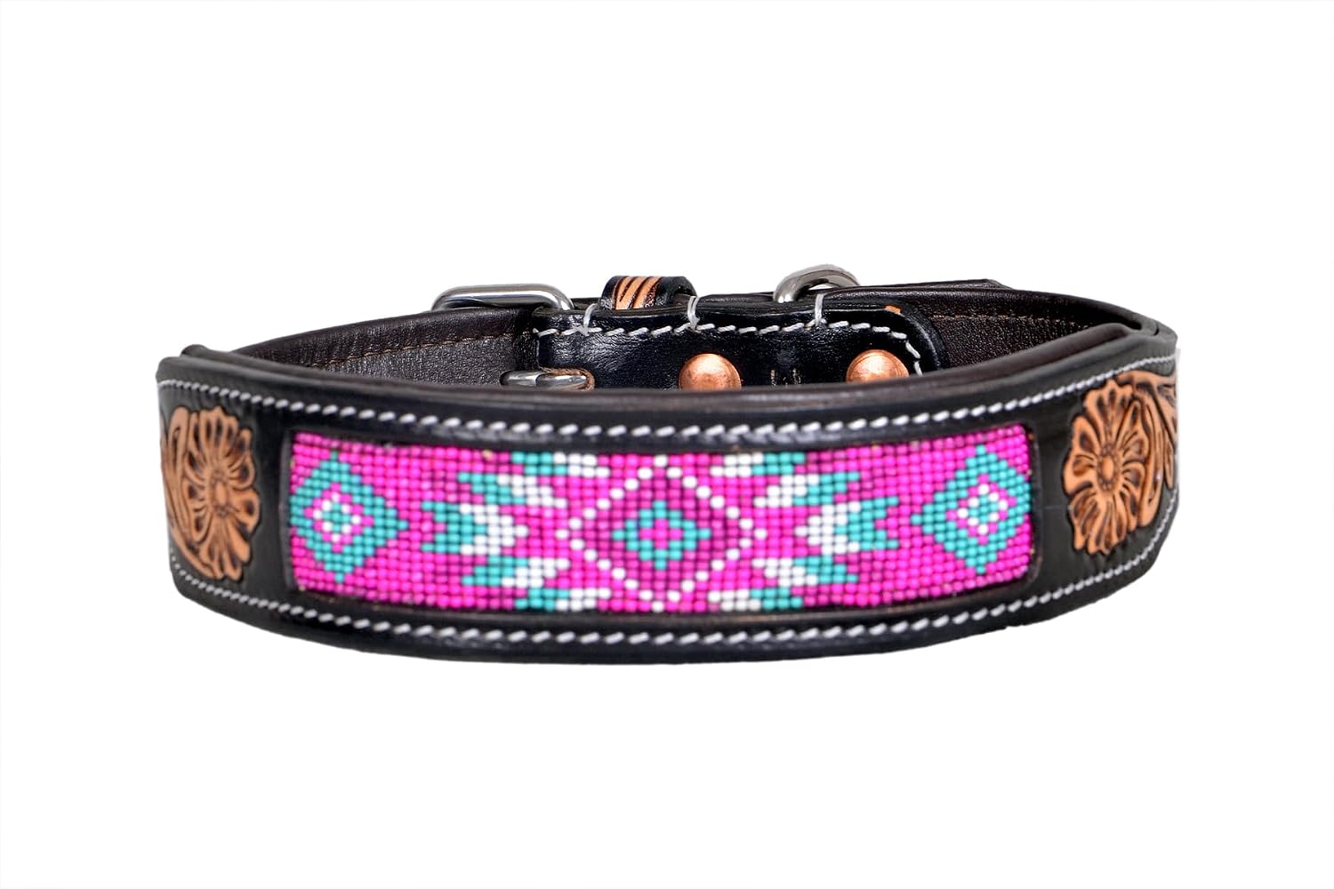 Leather Dog Collar Medium Size Western Style Heavy Duty Hand Tooled Adjustable Beaded and Padded Soft for Puppies and Big Dogs 10IS004-M