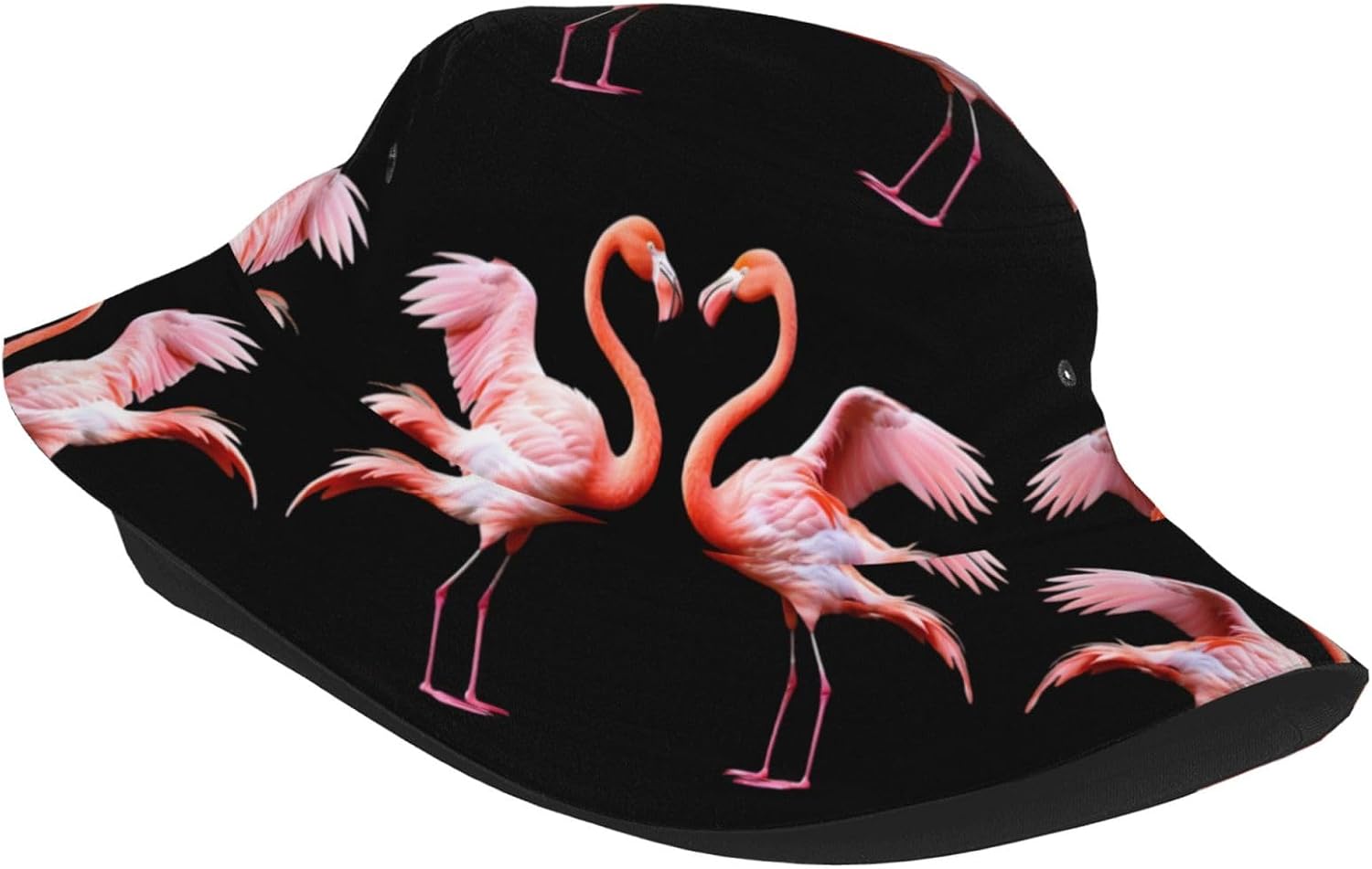 Flamingo with Heart Prints Summer Outdoor Travel Bucket hat, a Beach Sun hat Suitable for Both Men and Women Black