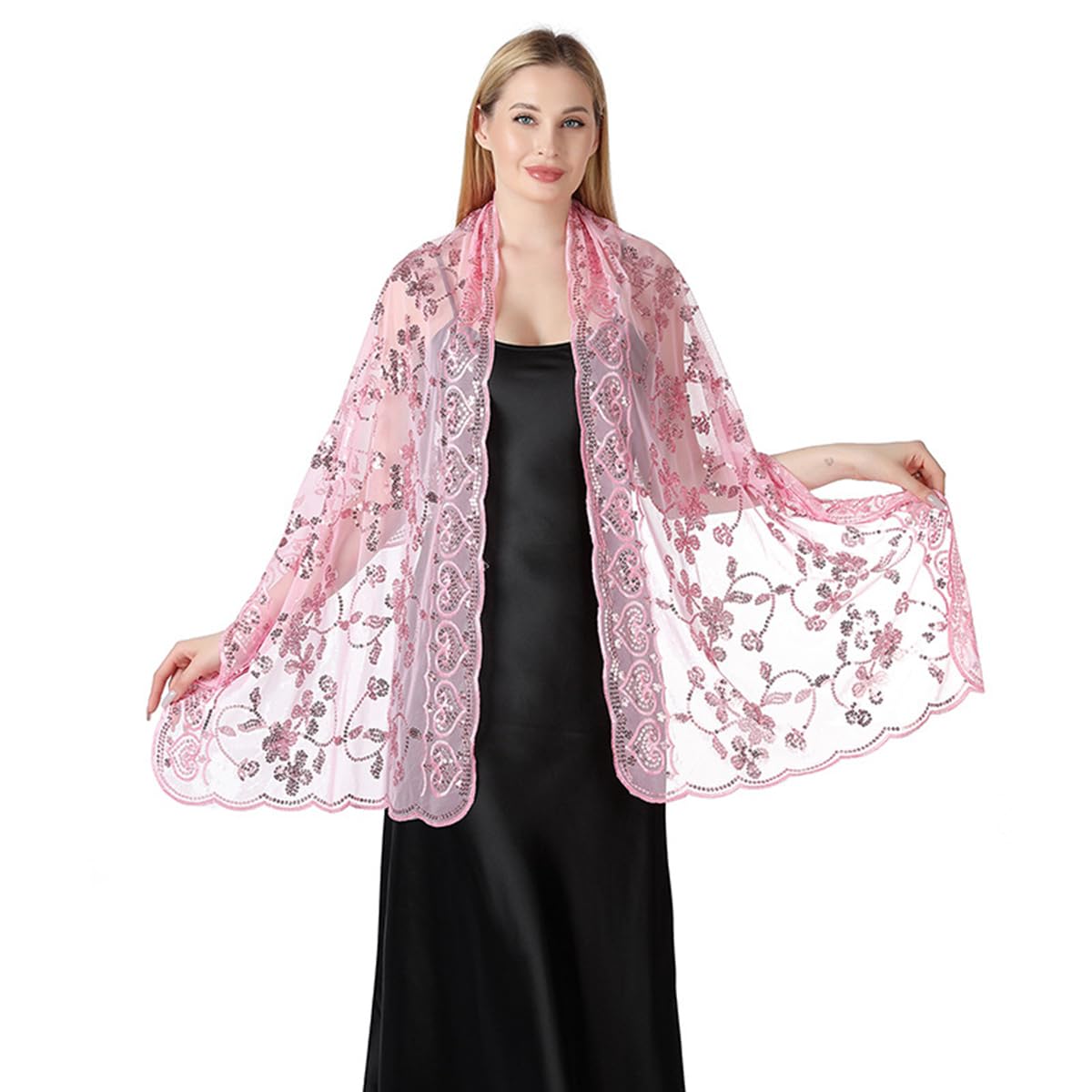 LumiSyne Women's Sequin Shawls And Wraps For Evening Dresses Sparkling Sequin Embroidery Floral Pattern Lace Sheer Lightweight Scarf Elegant Wrap Stole For Bridal Bridesmaid Wedding Party