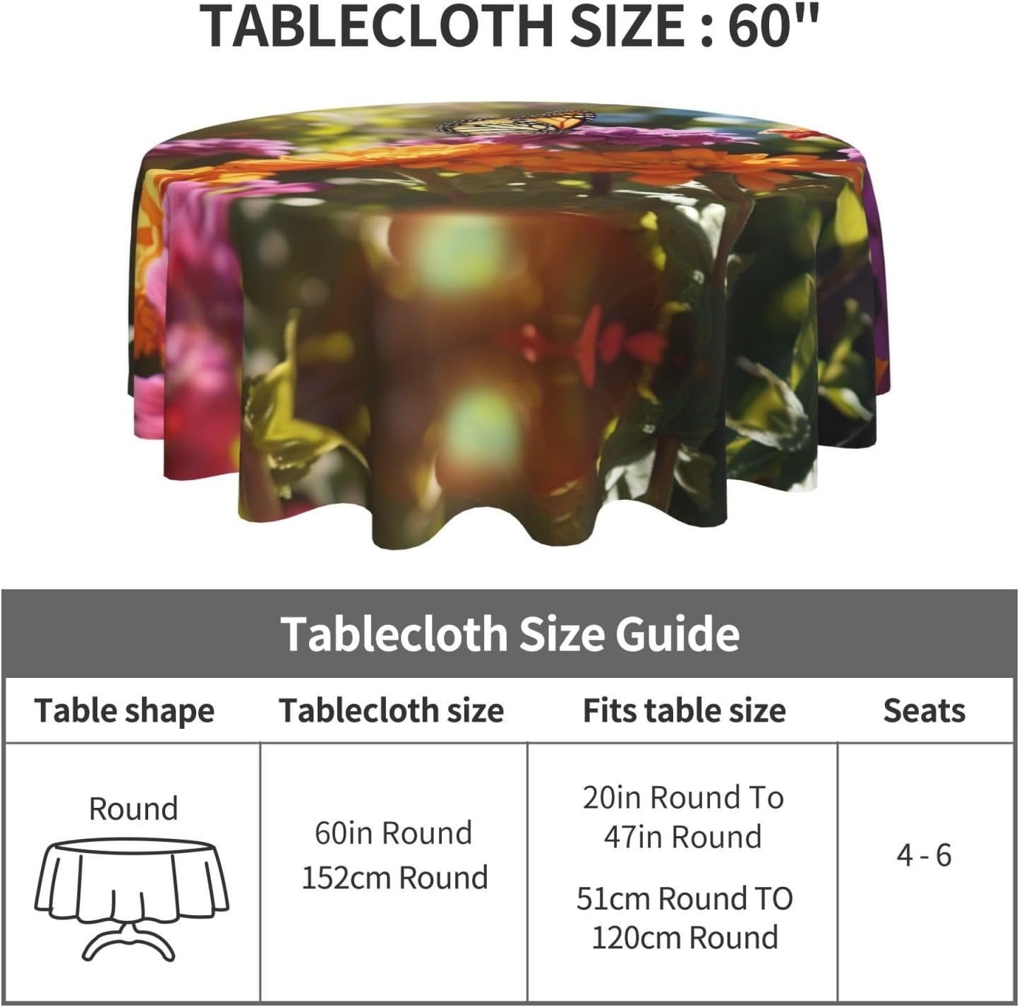 Vivid Colorful Garden2 Print Wrinkle Free Dining Table Cover for Birthday Party Farmhouse Tablecloths Up to 60 x 60 Inches
