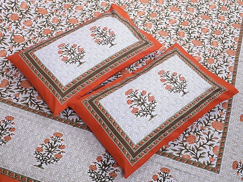 Image of Floral Printed Bedsheet for Double Bed Queen Size with 2 Pillow Covers | 144 TC Soft Cotton Blend Bed Sheet | 90x100 Inch Bedsheet | 18x27 Inch Pillow Covers | Orange