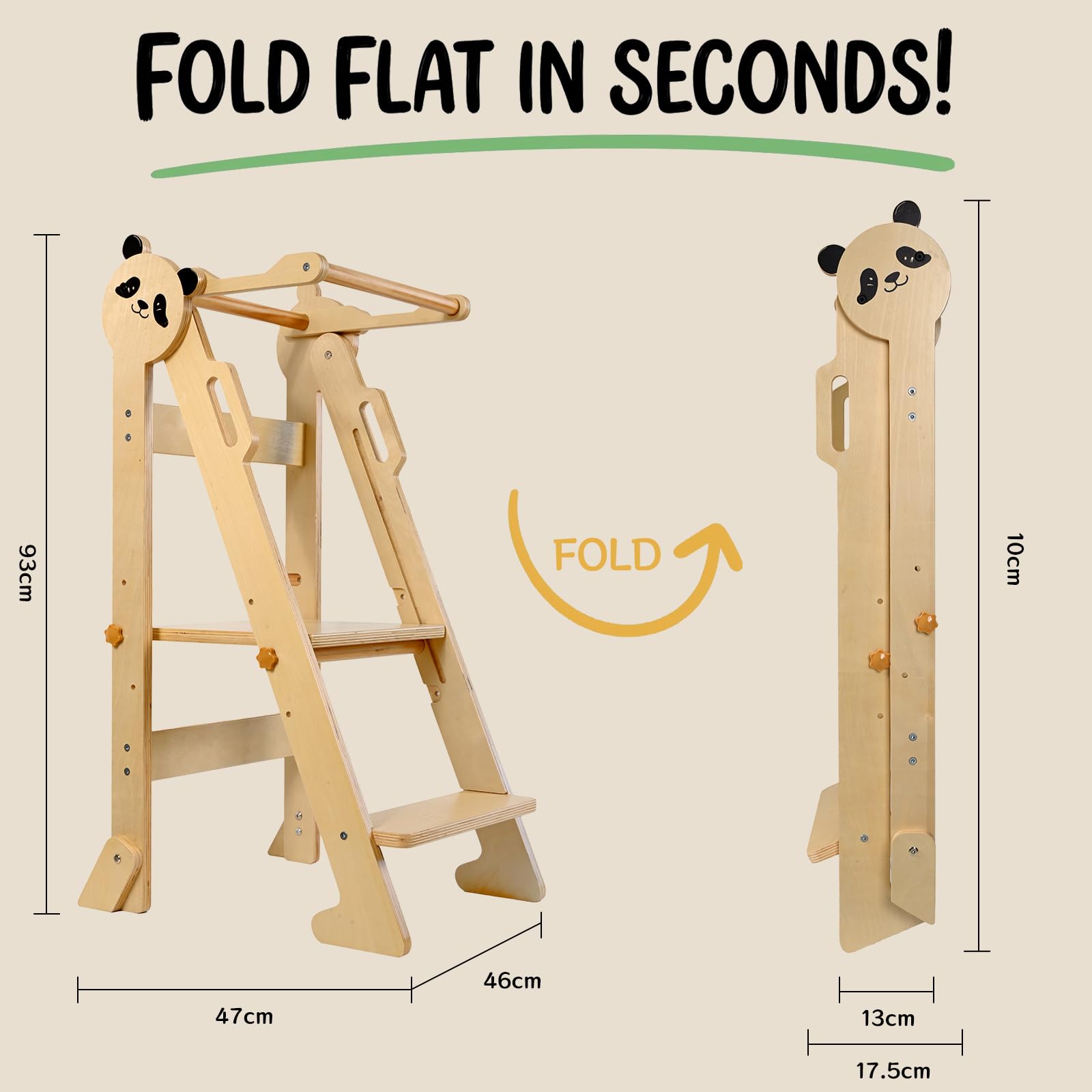Montessori Torre di apprendimento pieghevole, torre regolabile a 3 livelli con piedini anti-ribaltamento, ultra stabile con compensato di nascita più spesso 1,8 cm, include coltello in