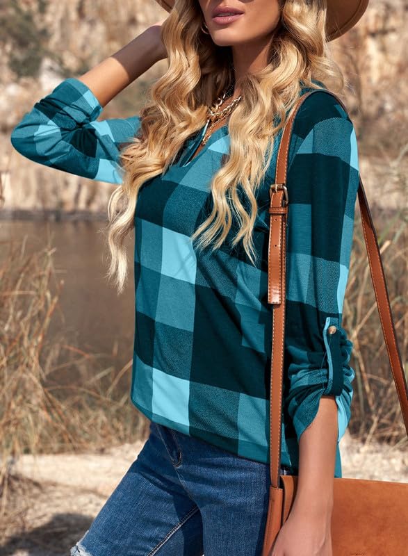 Image of Dokotoo Womens Tops Plaid Cotton Cuffed 3 /4 Sleeve Shirts Blouses