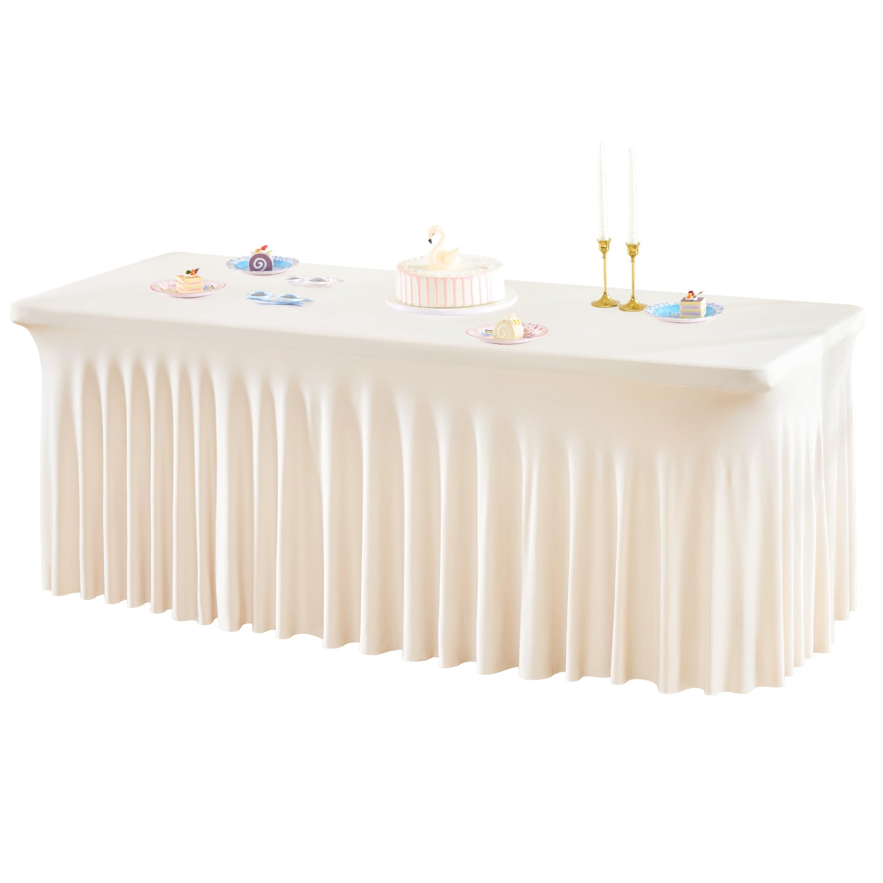 Photo 1 of 1 Pack Ivory Table Clothes for 8 Foot Rectangle Tables, One-Piece Wrinkle Resistant Stretch Spandex Table Covers with Skirt for Event Banquet Wedding Birthday Party