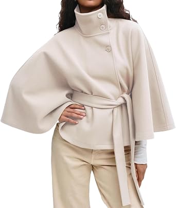ZWRXW Womens Pea Coat Batwing Sleeve Poncho Peacoat Casual Stand Collar Single Breasted Short Jacket Overcoat with Belt