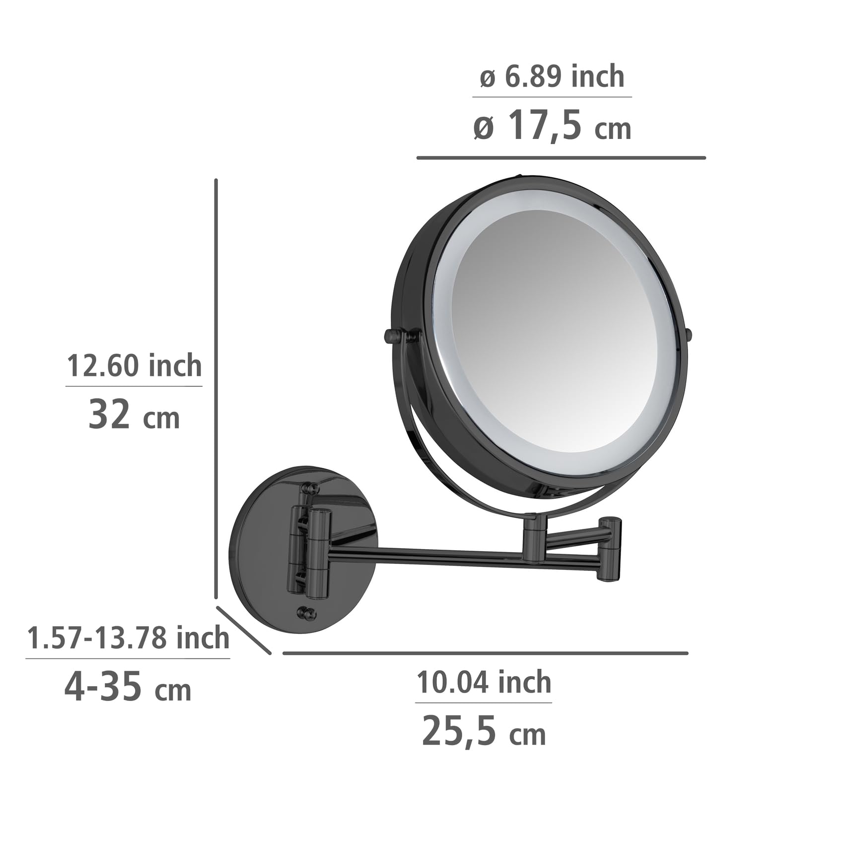 WENKO Power-Loc® LED Wandspiegel Mod. Lumi, Kosmetikspiegel mit Beleuchtung, 5-Fach Vergrößerung, ohne Bohren, Spiegelfläche Ø 17,5 cm