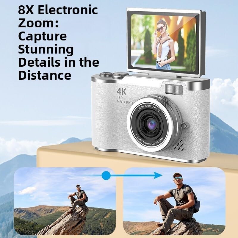 Fotocamera digitale, fotocamera compatta 4K 48MP con schermo flip a 180°, punto zoom 8X e scatto per studenti, adolescenti, principianti, colore nero