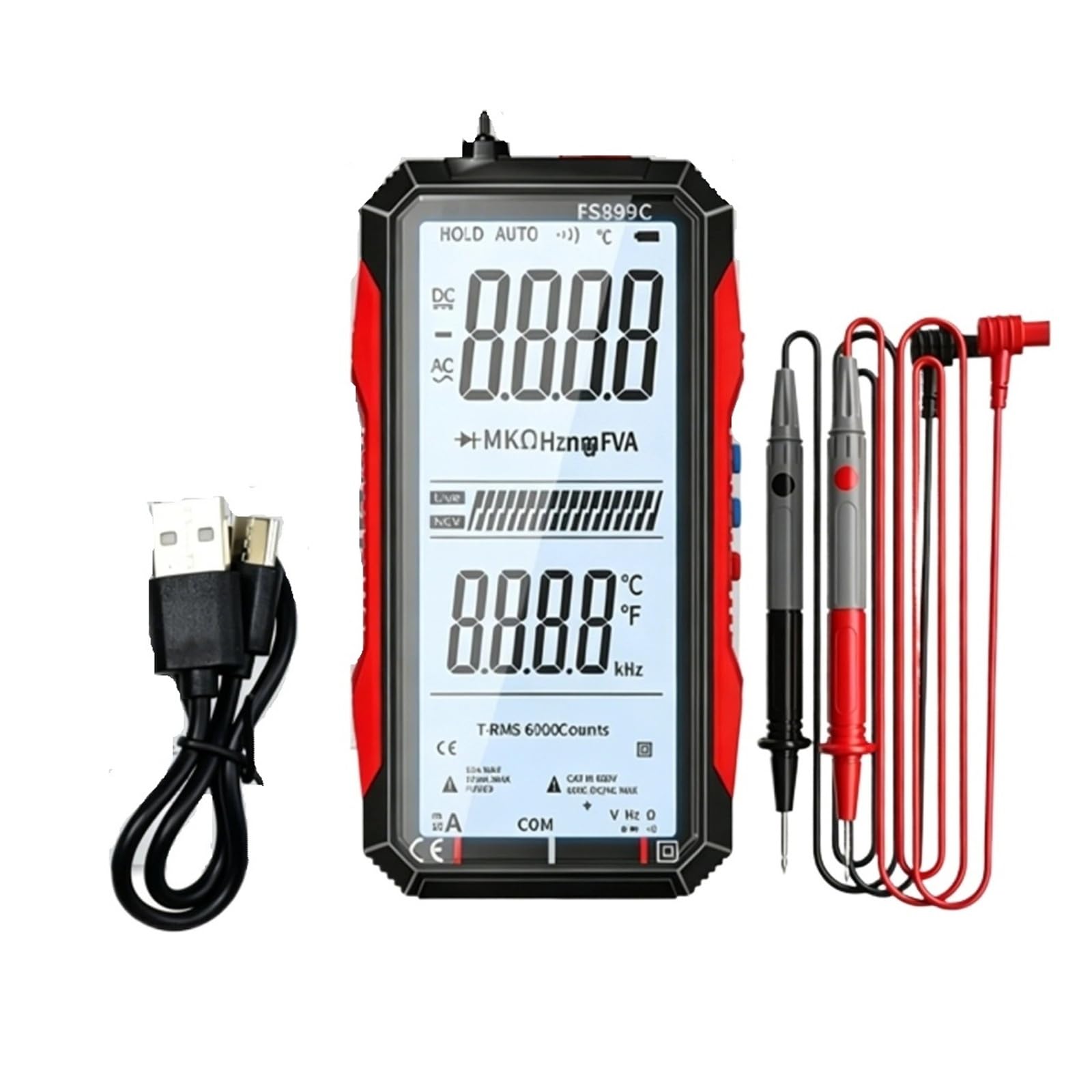 Multímetro digital FS899C probador múltiple recargable gama 6000 cuentas pantalla completa clara 6
