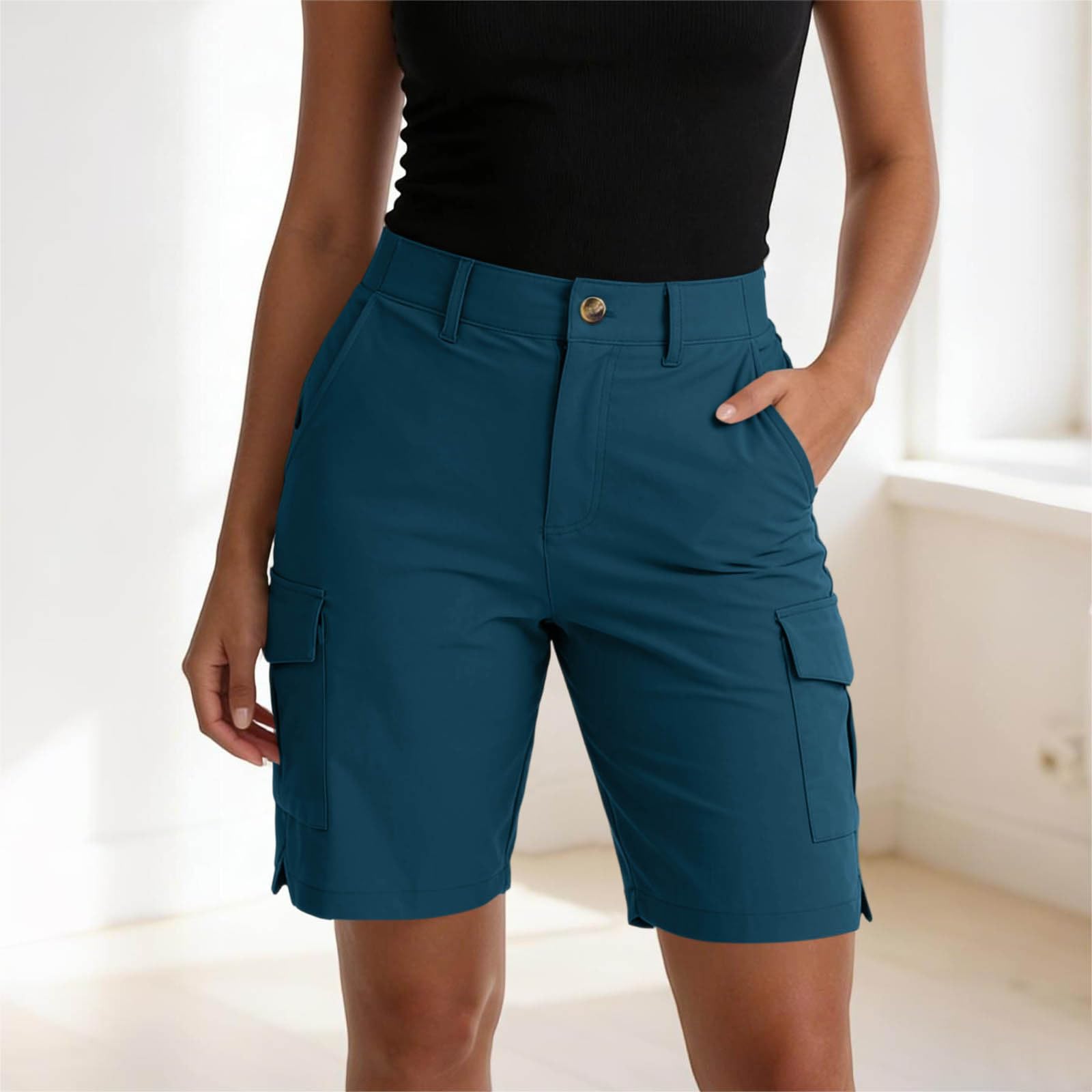 Generisch Cargo Shorts Damen Outdoor Wanderhose Kurz Stretch Funktionelle Bermudas mit Taschen Trekkinghose Sommerhose Locker Sitzende Kurze Hose mit Knopf Reißverschluss für Wandern Freizeit Camping