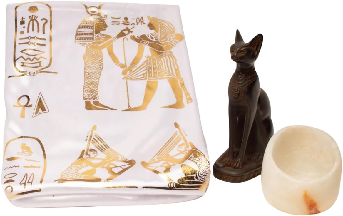 Discoveries Egyptian Imports Egyptian Altar Kit - Goddess Bastet Cat, Candle Holder and Tablecloth - Gift Set - Made in Egypt